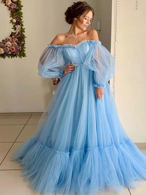 A-Line/Princess Tulle Applique Off-the-Shoulder Long Sleeves Floor-Length Dresses - Prom Dresses