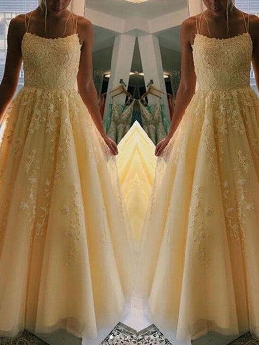 A-Line/Princess Tulle Applique Spaghetti Straps Sleeveless Sweep/Brush Train Dresses - Prom Dresses