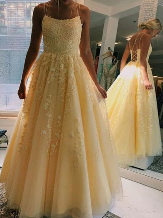 A-Line/Princess Tulle Applique Spaghetti Straps Sleeveless Sweep/Brush Train Dresses - Prom Dresses