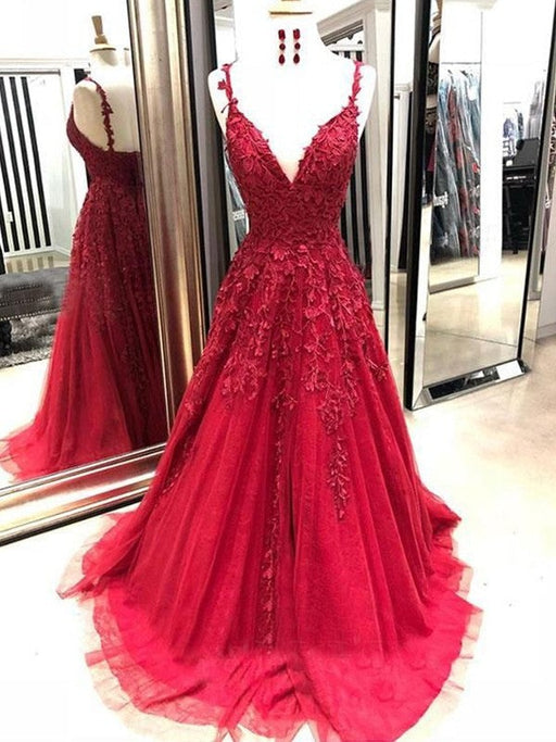 A-Line/Princess Tulle Applique Spaghetti Straps Sleeveless Sweep/Brush Train Dresses - Prom Dresses