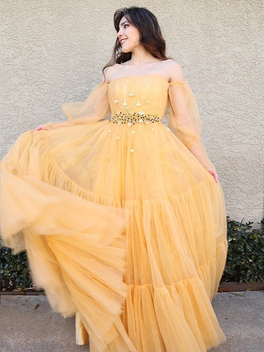 A-Line/Princess Tulle Beading Off-the-Shoulder Long Sleeves Floor-Length Dresses - Prom Dresses