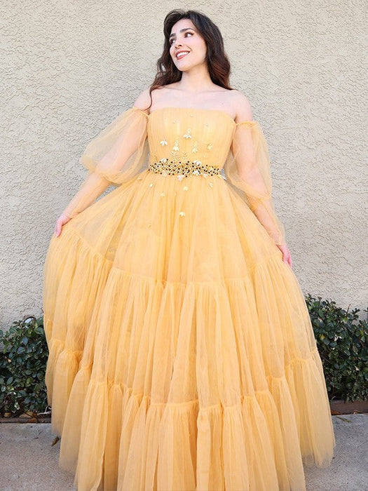 A-Line/Princess Tulle Beading Off-the-Shoulder Long Sleeves Floor-Length Dresses - Prom Dresses