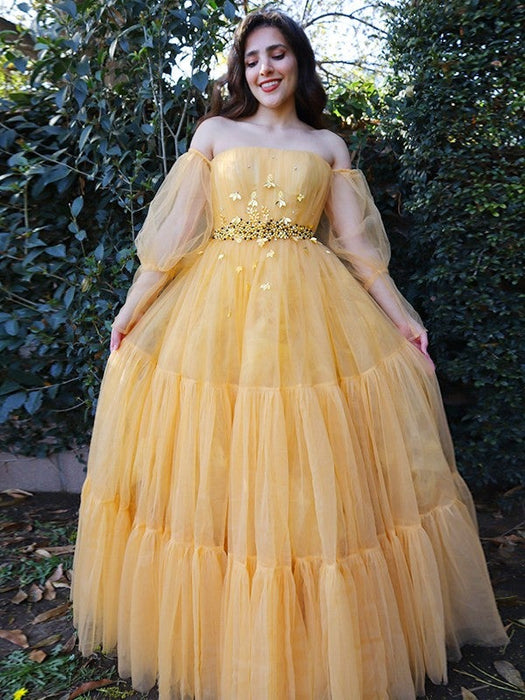 A-Line/Princess Tulle Beading Off-the-Shoulder Long Sleeves Floor-Length Dresses - Prom Dresses