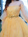 A-Line/Princess Tulle Beading Off-the-Shoulder Long Sleeves Floor-Length Dresses - Prom Dresses