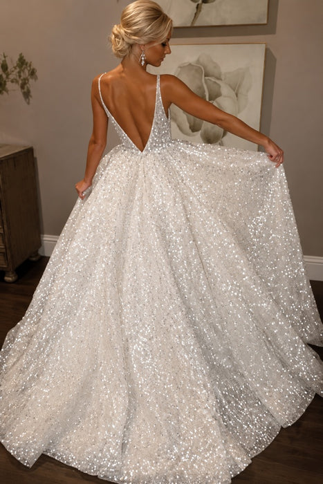 Sparkling A-Line Tulle V-Neck Sleeveless Wedding Dress with Sweep Train