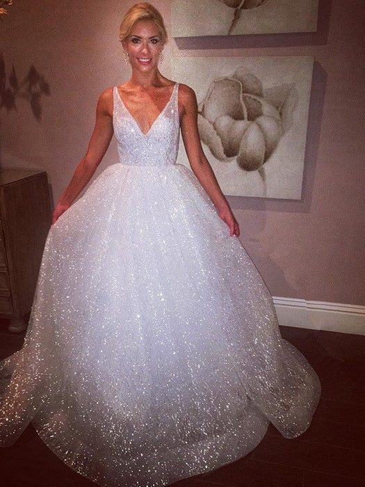 A-Line/Princess Tulle Sweep/Brush Train Sleeveless V-neck Dresses - Prom Dresses