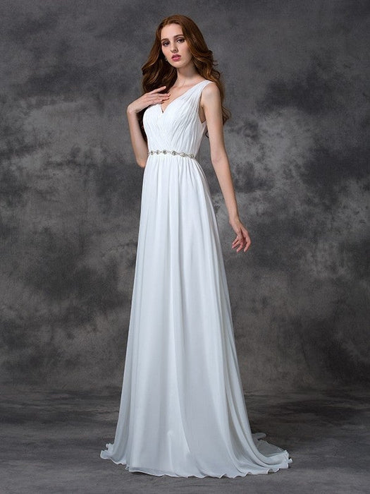 A-line/Princess V-neck Beading Sleeveless Long Chiffon Dresses - Prom Dresses