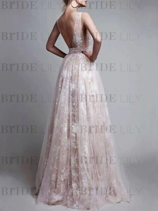 A-Line/Princess V-neck Floor-Length Tulle Sleeveless Applique Dresses - Prom Dresses