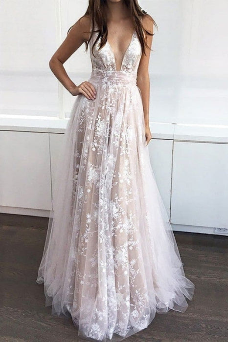 A-Line/Princess V-neck Floor-Length Tulle Sleeveless Applique Dresses - Prom Dresses