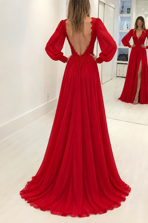 A-Line V-neck Front Split Chiffon Evening Dresses with Long Sleeves