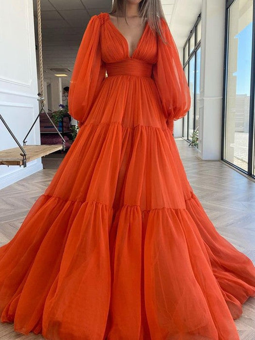 A-Line/Princess Sweep/Brush Train V-neck Long Sleeves 3D Chiffon Ruffles Dresses - Prom Dresses