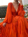 A-Line/Princess Sweep/Brush Train V-neck Long Sleeves 3D Chiffon Ruffles Dresses - Prom Dresses