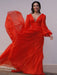 A-Line/Princess V-neck Long Sleeves 3D Chiffon Ruffles Sweep/Brush Train Dresses - Prom Dresses