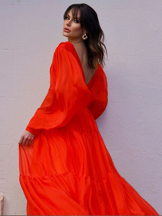 A-Line/Princess V-neck Long Sleeves 3D Chiffon Ruffles Sweep/Brush Train Dresses - Prom Dresses