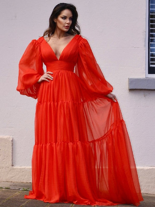 A-Line/Princess V-neck Long Sleeves 3D Chiffon Ruffles Sweep/Brush Train Dresses - Prom Dresses
