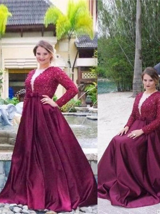 A-Line/Princess V-neck Long Sleeves Beading Sweep/Brush Train Satin Plus Size Dresses - Prom Dresses