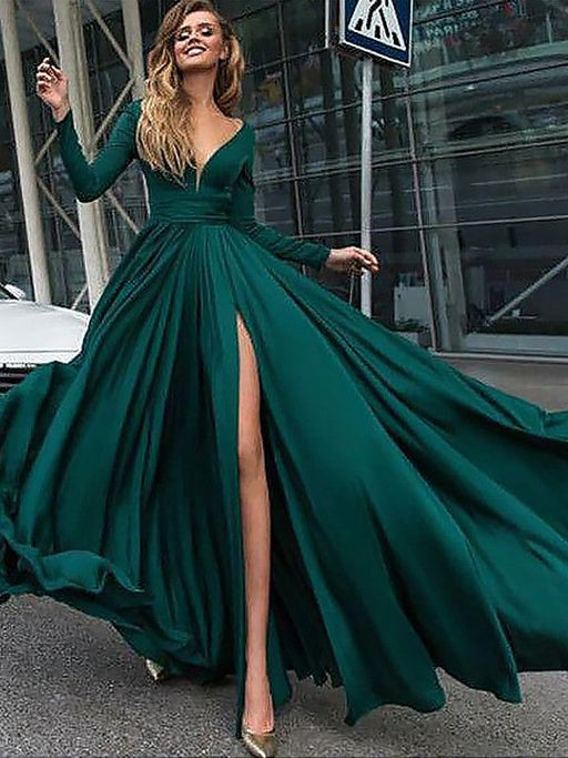 A-Line/Princess V-Neck Long Sleeves Floor-Length Ruffles Satin Chiffon Dresses - Prom Dresses