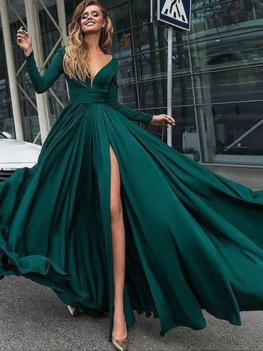 A-Line/Princess V-Neck Long Sleeves Floor-Length Ruffles Satin Chiffon Dresses - Prom Dresses