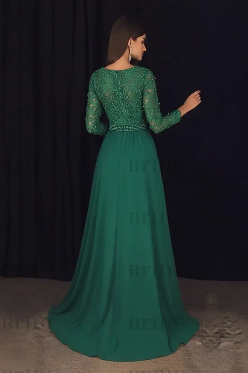 A-Line/Princess V-Neck Long Sleeves Sweep/Brush Train Lace Chiffon Dresses - Prom Dresses