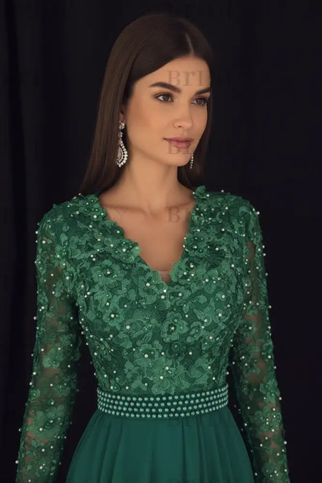 A-Line/Princess V-Neck Long Sleeves Sweep/Brush Train Lace Chiffon Dresses - Prom Dresses