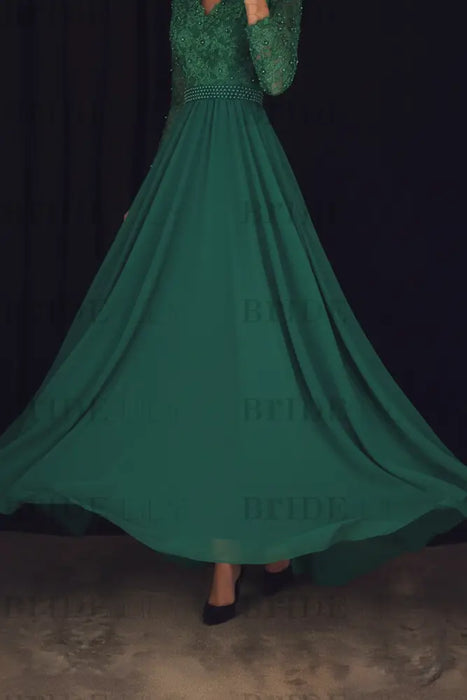 A-Line/Princess V-Neck Long Sleeves Sweep/Brush Train Lace Chiffon Dresses - Prom Dresses