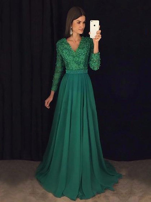 A-Line/Princess V-Neck Long Sleeves Sweep/Brush Train Lace Chiffon Dresses - Prom Dresses