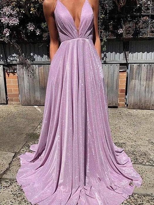 A-Line/Princess V-neck Ruffles Sleeveless Sweep/Brush Train Dresses - Prom Dresses