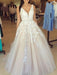 A-Line/Princess V-Neck Sleeveless Applique Tulle Sweep/Brush Train Dresses - Prom Dresses