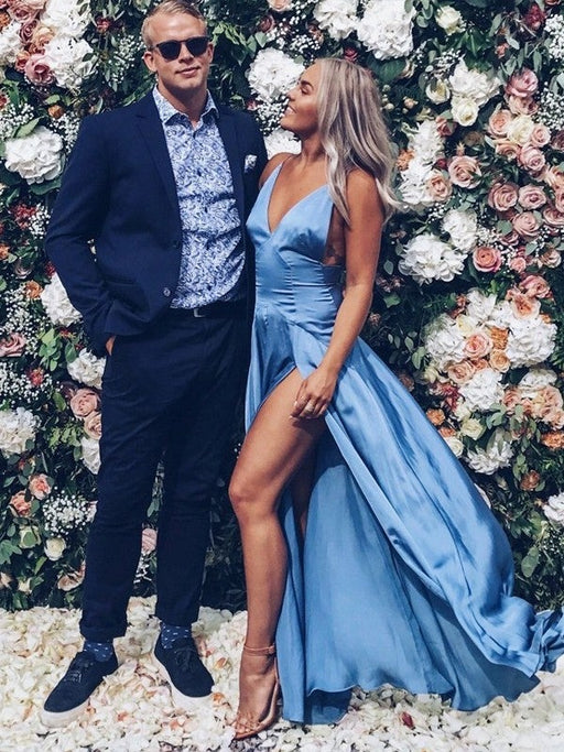 A-Line/Princess V-neck Sleeveless Floor-Length Ruffles Satin Dresses - Prom Dresses