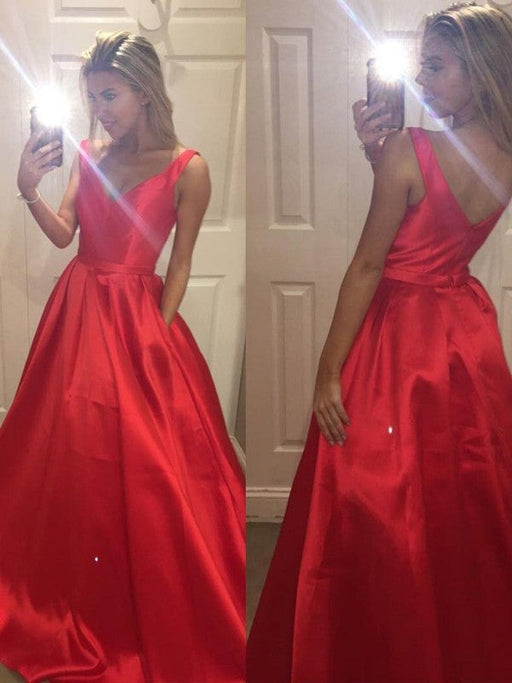 A-Line/Princess V-Neck Sleeveless Satin Sweep/Brush Train Dresses - Prom Dresses