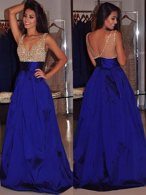 A-Line/Princess V-neck Sleeveless Sweep/Brush Train Beading Satin Dresses - Prom Dresses