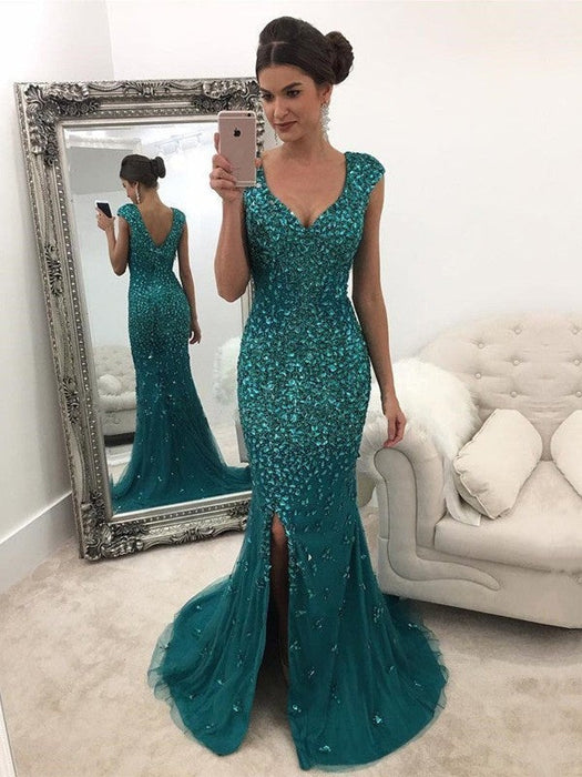 A-Line/Princess V-Neck Sleeveless Sweep/Brush Train Sequin Tulle Dresses - Prom Dresses