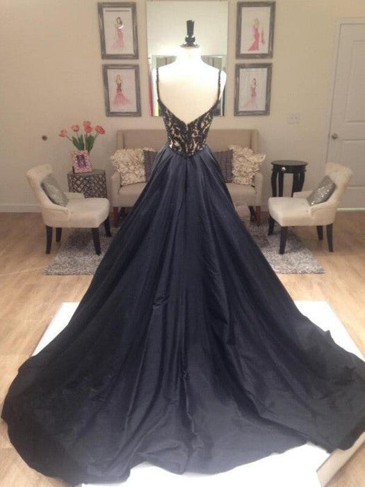 A-Line/Princess V-neck Sleeveless Sweep/Brush Train Taffeta Dresses - Prom Dresses