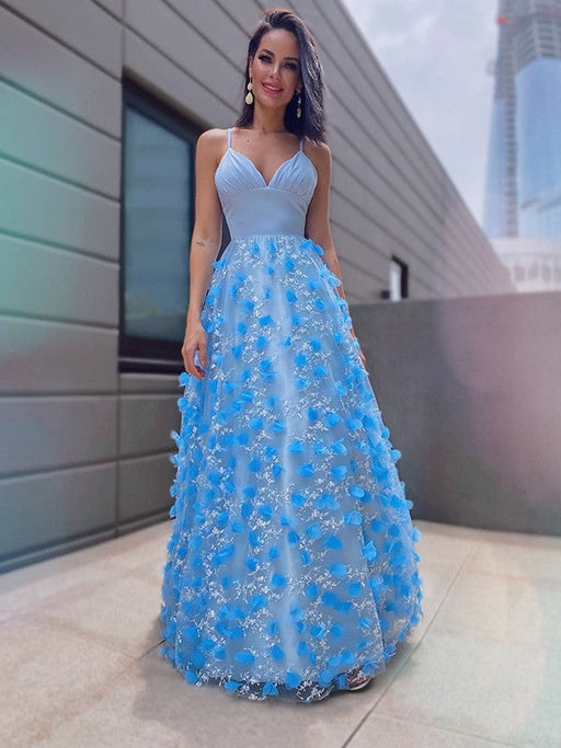 A-Line/Princess V-neck Tulle Applique Floor-Length Sleeveless Dresses - Prom Dresses