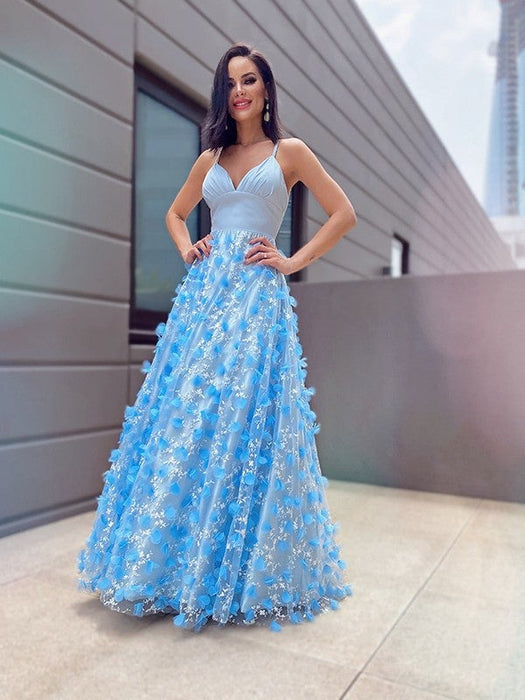 A-Line/Princess V-neck Tulle Applique Floor-Length Sleeveless Dresses - Prom Dresses