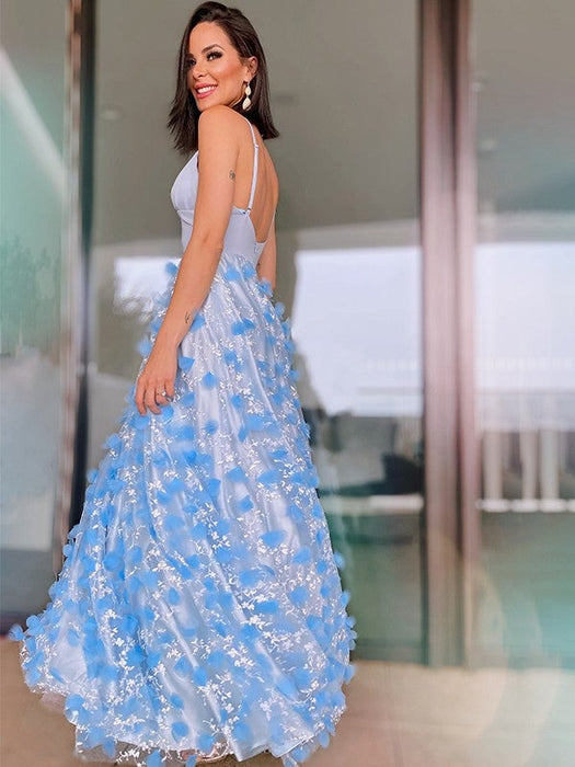 A-Line/Princess V-neck Tulle Applique Floor-Length Sleeveless Dresses - Prom Dresses