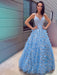 A-Line/Princess V-neck Tulle Applique Floor-Length Sleeveless Dresses - Prom Dresses