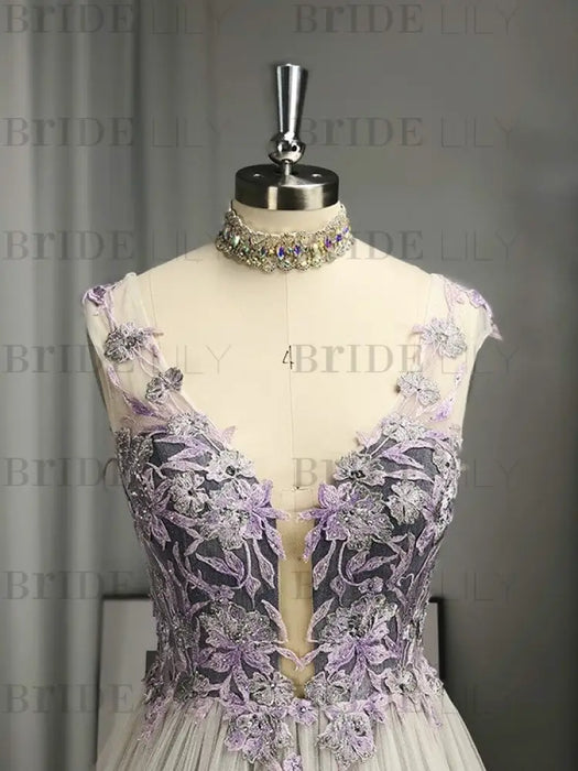 A-Line/Princess V-neck Tulle Applique Sleeveless Floor-Length Dresses - Prom Dresses