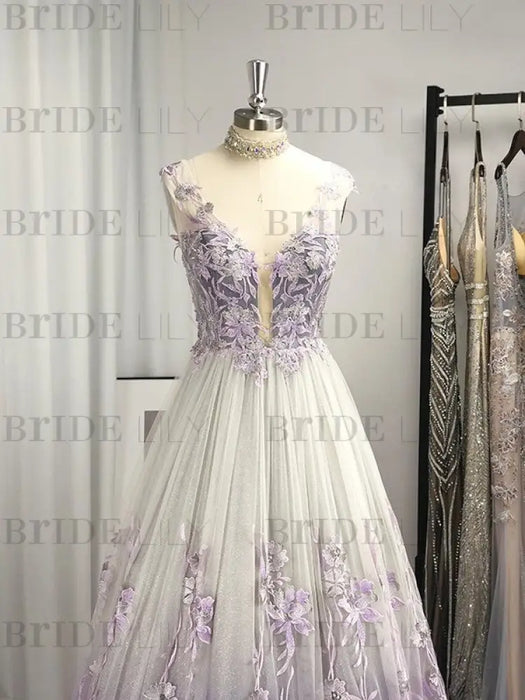 A-Line/Princess V-neck Tulle Applique Sleeveless Floor-Length Dresses - Prom Dresses