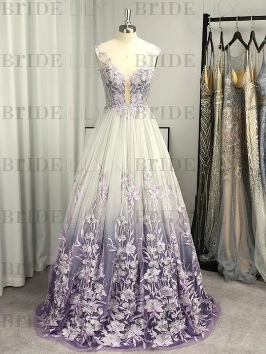 A-Line/Princess V-neck Tulle Applique Sleeveless Floor-Length Dresses - Prom Dresses