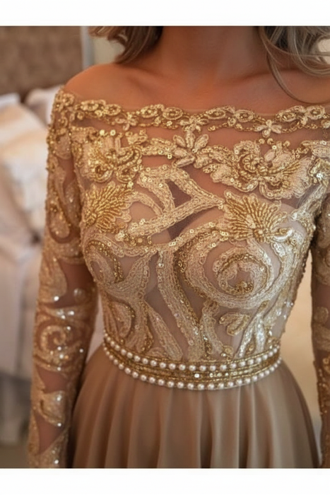 A-Line Prom Dresses Floor Length Long Sleeves Evening Dress - Prom Dresses