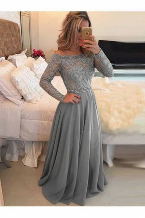 A-Line Prom Dresses Floor Length Long Sleeves Evening Dress - Prom Dresses
