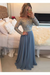 Dusty Blue A-Line Prom Dresses Floor Length Long Sleeves Evening Dress - Prom Dresses