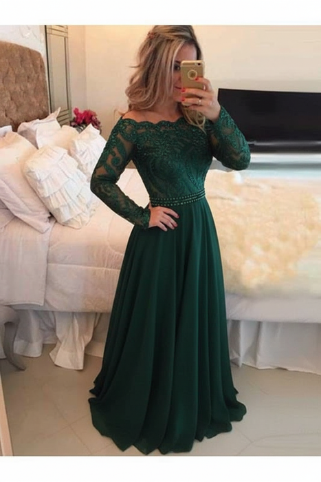 A-Line Prom Dresses Floor Length Long Sleeves Evening Dress - Prom Dresses