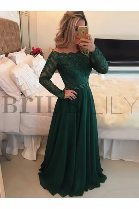 A-Line Prom Dresses Floor Length Long Sleeves Evening Dress - Prom Dresses
