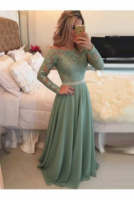 A-Line Prom Dresses Floor Length Long Sleeves Evening Dress - Prom Dresses