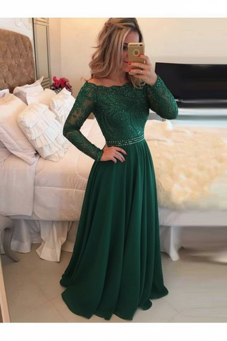 A-Line Prom Dresses Floor Length Long Sleeves Evening Dress - Prom Dresses