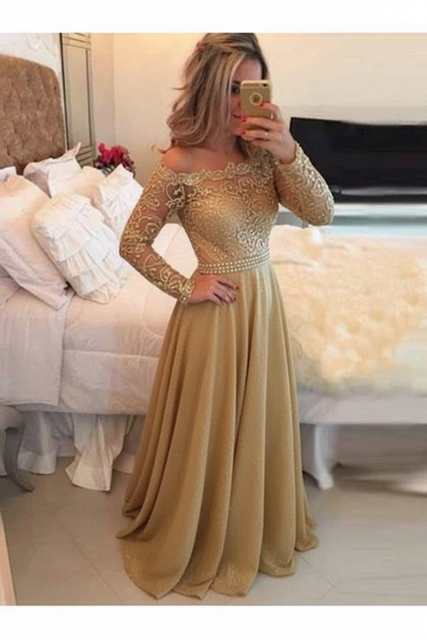 A-Line Sheer Neckline Prom Dresses Floor Length Long Sleeves Evening Dress - Prom Dresses