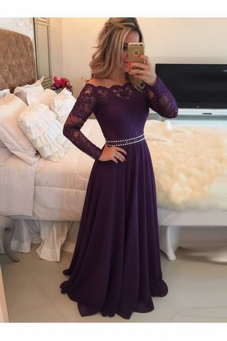A-Line Sheer Neckline Prom Dresses Floor Length Long Sleeves Evening Dress - Prom Dresses