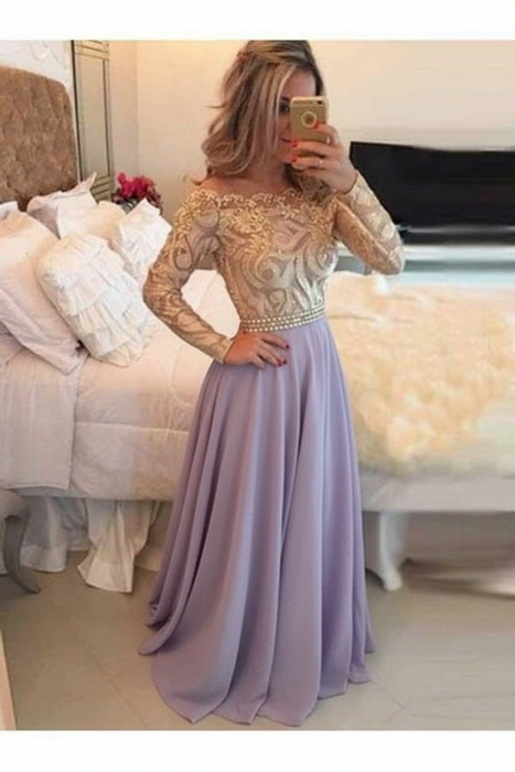 A-Line Prom Dresses Floor Length Long Sleeves Evening Dress - Prom Dresses